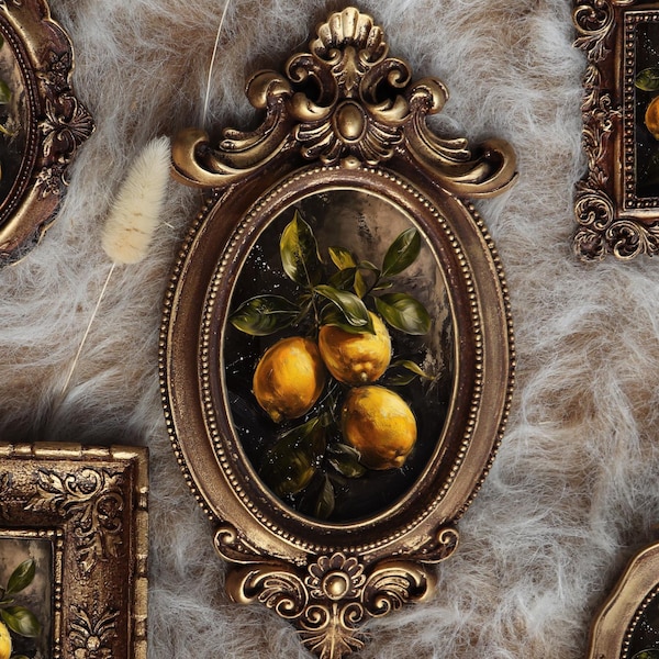 Lemon Still Life Painting In Ornate Frame Fruit Kitchen Art Print Yellow Citrus Miniature Artwork Rustic Botanical by VanyaS DarkessentialsS