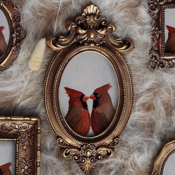 Cardinal Bird Lovers Painting In Ornate Vintage Frame Small Folk Art Illustration Nature Animal Portrait Rustic by VanyaS DarkessentialsS