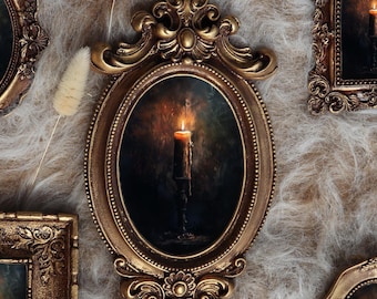 May include: An assortment of antique-style framed candle art pieces. The frames are ornate, in shades of gold and bronze, with oval and rectangular shapes. Each frame holds a painting of a lit candle against a dark background.