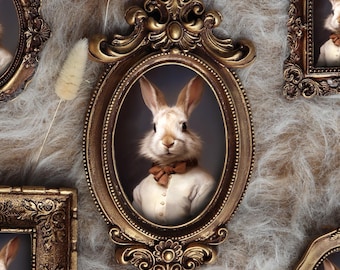 May include: A collection of framed portraits featuring a rabbit dressed in a white shirt and a bow tie. The frames are ornate, with a gold finish, and vary in shape. The portraits are arranged on a textured, light-colored surface, with decorative sprigs.