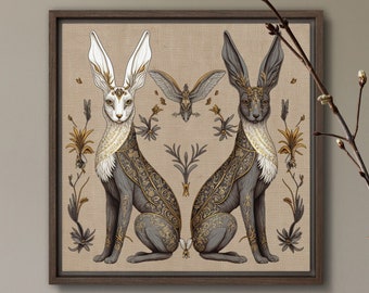 Twee konijnen Folk Art Print Haas natuur illustratie Witchy hemelse zuidwestelijke Cottagecore donkere humeurige kleuren door VanyaS DarkessentialsS