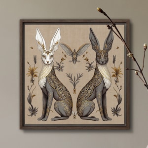 Zwei Kaninchen Folk Art Print Hase Natur Illustration Witchy Celestial Southwestern Cottagecore Dark Moody Colors von VanyaS DarkesstialsS