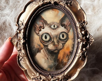 Third Eye Cat Art Print Sphynx Portrait in Vintage Style Frame Mystical Animal Painting Whimsical Wall Decor by VanyaS DarkessentialsS
