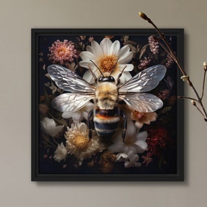 Bee With Flowers Art Print Maximalist Decor Witchy Square Insect Botanical Dark Moody Colours Framed Wall Gold by VanyaS DarkessentialsS