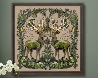 Reindeer Folk Art Print Maximalist Deer Sage Green Nature Decor Illustration Witchy Southwestern Cottagecore Moody by VanyaS DarkessentialsS