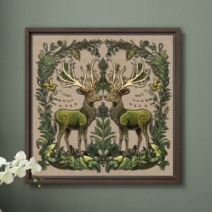 Stampa d'arte popolare con renne, cervo massimalista, verde salvia, decorazione naturale, illustrazione, stregoneria, stile cottagecore sud-occidentale, moody di VanyaS DarkessentialsS
