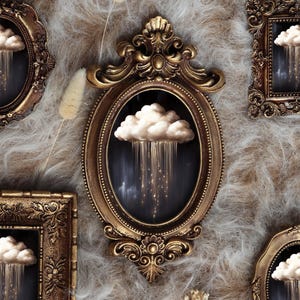 May include: Five antique-style picture frames in gold and bronze, each with a small artwork of a cloud and rain. The frames are in various shapes, set against a textured, neutral background. The artwork evokes a dreamy atmosphere.