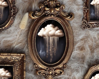 Cloud Wall Art With Golden Rain Miniature Painting Celestial Decor Framed Fantasy Illustration Handmade Canvas by VanyaS DarkessentialsS