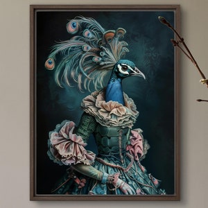 Impresión artística de una dama pavo real alterada, estilo barroco, póster, fantasía, caprichoso, majestuoso, vida salvaje, retrato, único, elegante, de VanyaS DarkessentialsS