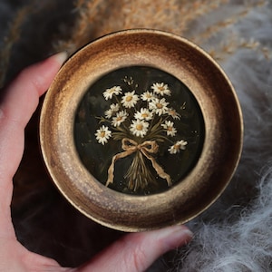 Daisy Bouquet Painting In Celestial Sun Frame Vintage Style Round Miniature Floral Illustration Classic Nature Art by VanyaS DarkessentialsS