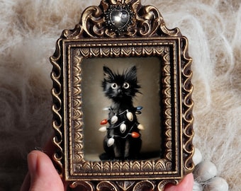 Cat Painting Black Kitten Christmas Lights Miniature Framed Print Funny Holiday Animal Portrait Whimsical Vintage by VanyaS DarkessentialsS