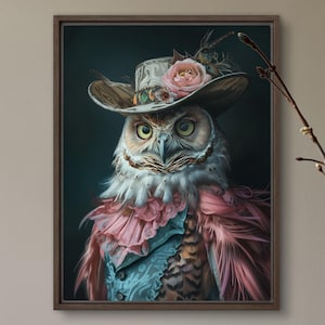 Búho alterado con sombrero victoriano, retrato de vida salvaje majestuoso y caprichoso en rosa para una decoración del hogar única y elegante de VanyaS DarkessentialsS