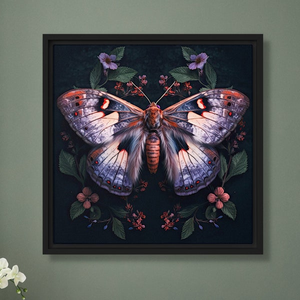 Blue Butterfly With Flowers Art Print Moth Botanical Dark Moody Colours Framed Insect Maximalist Decor Wall Red by VanyaS DarkessentialsS