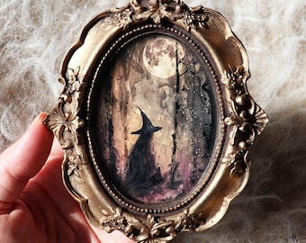 Witch Painting Moonlight Gothic Art Print Dark Forest Moon In Vintage Frame Witchy Wall Art Miniature by VanyaS DarkessentialsS