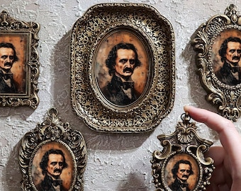 Edgar Painting, impression d'Allan Poe, poème gothique hanté, oeuvre d'art murale miniature hantée, petite toile encadrée, ornée, design Aceo, par VanyaS DarkessentialsS