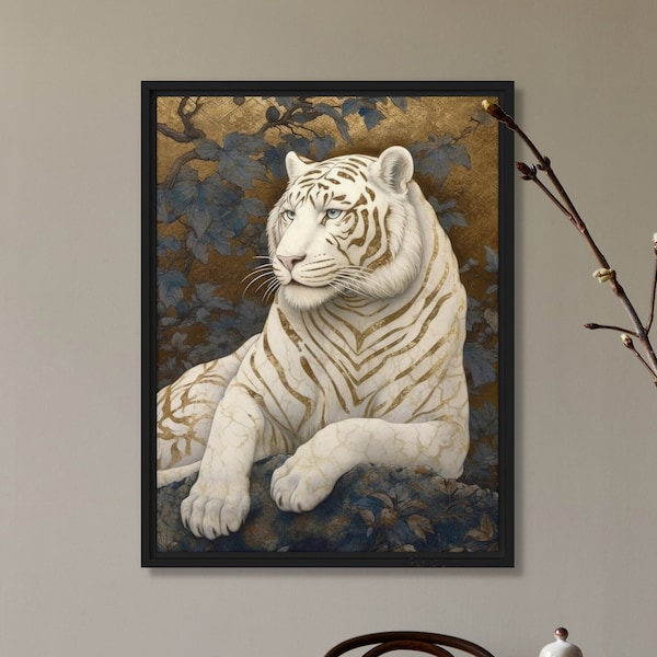 Weißer Tiger Gold Kunstdruck Blaue Blume Wildtiere Blühend Wand Kunst Malerei Öl auf Leinwand Original Schwarz Design by VanyaS DarkesstialsS