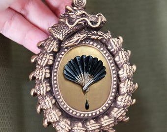 Fan Painting in Dragon Frame Feather Mini Painting Elegant Oriental Decor Vintage Style Art Small Drawing Print by VanyaS DarkessentialsS