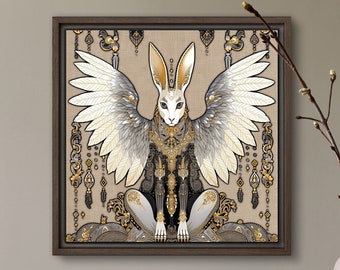 May include: A white rabbit with gold and black wings sits on a gold and black patterned background. The rabbit has a gold crown and a gold necklace. The background is a canvas with a textured surface.