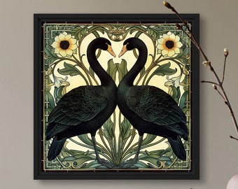 Black Swans Folk Art Print Two Water Birds Square Nature Illustration Cottagecore Vintage Poster Witchy Decor by VanyaS DarkessentialsS
