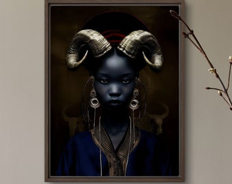 Aries Woman Portrait Girl With Ram Horns Art Print African American Modern Wall Art Canvas Original Dark Design by VanyaS DarkessentialsS
