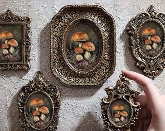 Mushrooms Framed Cottagecore Wall Art Nature Print Classical Miniature Small Painting Canvas Ornate Design by VanyaS DarkessentialsS