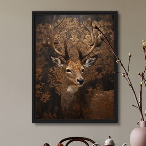Stampa artistica di cervo dorato con fiori blu orientali, fauna selvatica in fiore, pittura a olio su tela, design originale nero di VanyaS DarkessentialsS