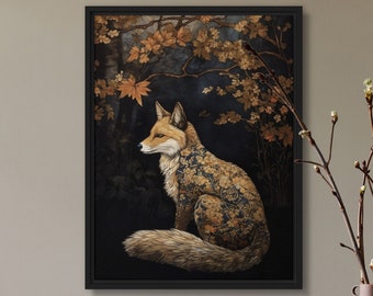 Fox Fall Art Print Maple Forest Trees Wildlife Forestcore Wall Painting Oil Canvas Original Gold Leaf Black Design by VanyaS DarkessentialsS