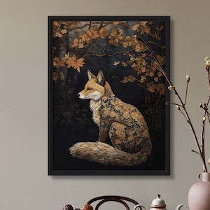 Stampa artistica di Fox Fall, acero, foresta, alberi, fauna selvatica, Forestcore, dipinto murale, olio su tela, originale, foglia d'oro, design nero di VanyaS DarkessentialsS