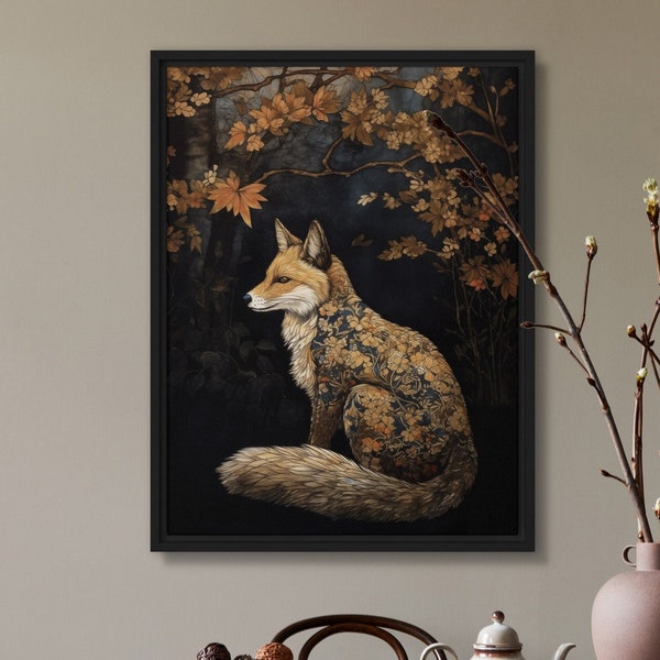 Fuchs Herbst Kunstdruck Ahorn Wald Bäume Wildlife Forestcore Wandmalerei Öl Leinwand Original Blattgold Schwarz Design von VanyaS DarkessentialsS