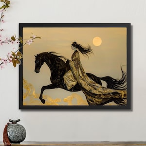 Stampa artistica orientale con cavaliere a cavallo, squisita decorazione da parete in oro con fauna selvatica giapponese, poster vintage, dipinto di VanyaS DarkessentialsS