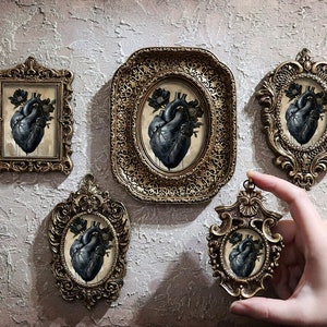 Black Heart Art Print Anatomical Heart Small Framed Miniature Wall Painting Canvas Ornate Vintage Poster Design by VanyaS DarkessentialsS