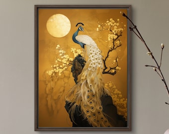 Peacock Art Print Japanese Gold Oriental Painting Sun Wall Art Wildlife Birds Lover On Canvas Original Design by VanyaS DarkessentialsS