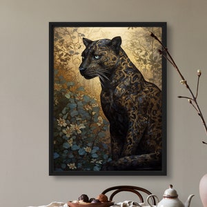 Panther Kunstdruck Gepard Gemälde Leopard Gold Blaue Blume Wildtiere Wand Kunst Dunkel Moody Auf Leinwand Schwarz Schwarz Design von VanyaS DarkesstialsS