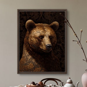 Stampa artistica di orso Cottagecore Painting Autunno Fauna selvatica Forestcore Vintage Olio su tela Originale Foglia d'oro Nero Design di VanyaS DarkessentialsS