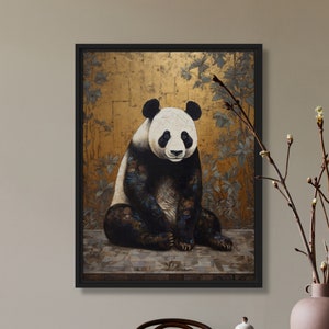 Dipinto di panda, stampa artistica orientale, fiore giapponese, fauna selvatica in fiore, arte murale, olio su tela, design originale nero di VanyaS DarkessentialsS