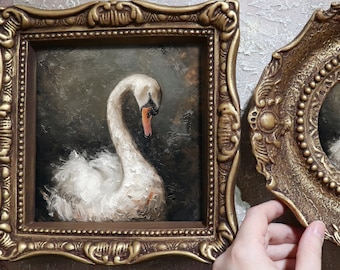 White Swan Framed Wall Art Nature Print Small Sage Green Miniature Wildlife Oil Painting Canvas Ornate Aceo Design by VanyaS DarkessentialsS
