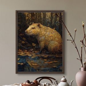 Impresión artística de capibara, pintura de vida silvestre otoñal estilo cottagecore, póster vintage Forestcore, lienzo, decoración dorada y negra de VanyaS Darkessentials