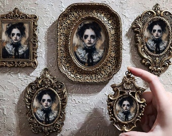 Peinture gothique fille Lady Ghost encadré sorcière Miniature art mural macabre petite toile à l'huile ornée de Aceo Design par VanyaS DarkessentialsS