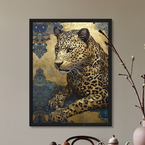 Stampa artistica di leopardo dorato, fiore blu, fauna selvatica in fiore, dipinto da parete, scuro e malinconico su tela, design originale nero di VanyaS DarkessentialsS