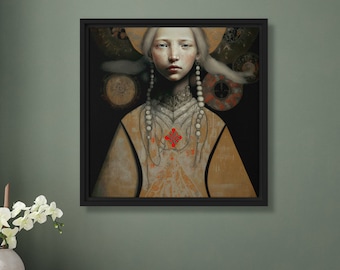 Scandinavian Girl Art Print Portrait Oriental Wall Art Face Folk Painting Oil On Canvas Original Neutral Design by VanyaS DarkessentialsS