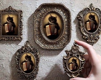 Art mural miniature Chat jouant de l'accordéon, petite peinture encadrée, toile à l'huile, ornée d'un design Aceo doré original par VanyaS DarkessentialsS
