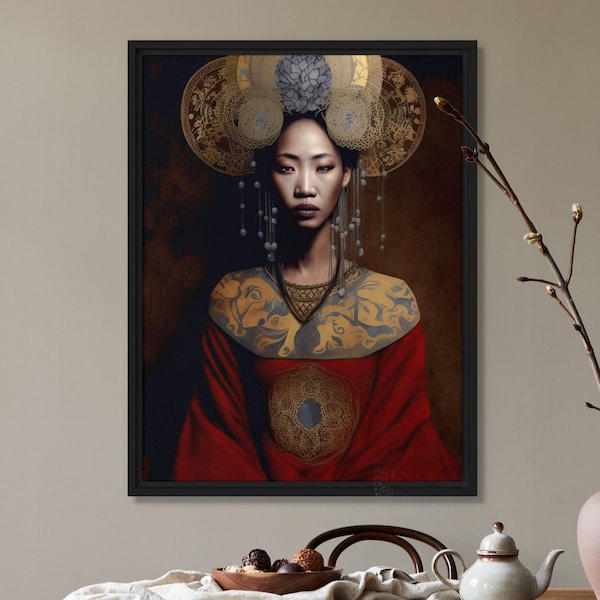 Rode kimono vrouw Art Print portret Oosterse muur kunst gezicht schilderij olieverf op doek origineel zwart goud ontwerp door VanyaS DarkessentialsS
