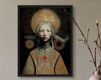 Scandinavian Girl Art Print Oriental Wall Art Folk Portrait On Canvas Original Neutral Viking Inspiration Design by VanyaS DarkessentialsS
