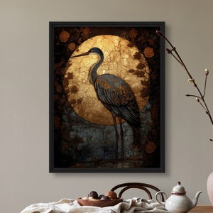 Reiher Art Print Oriental Mond Wand Kunst Wildtiere Storch Gemälde Gold Kranich Öl auf Leinwand dunkel Original schwarz Design by VanyaS DarkesstialsS
