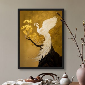 Dipinto di fenice in stile giapponese, uccello di fuoco bianco, arte murale al tramonto, decorazione orientale Hō-ō, stampa di uccello mitologico, natura di VanyaS DarkessentialsS