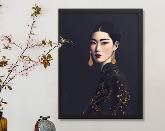 Japanese Woman Art Print Black Kimono Portrait Oriental Wall Art Face Painting On Canvas Original Dark Gold Design by VanyaS DarkessentialsS