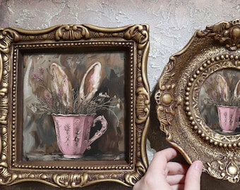 Bunny Ears Painting Pink Hare Print Nature Witchy Small Framed Rabbit In A Cup Cottagecore Canvas Folk Art Ornate by VanyaS DarkessentialsS