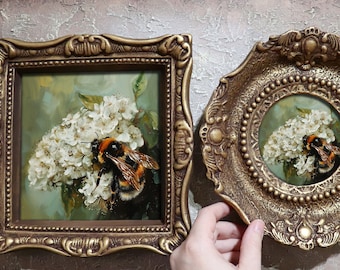 Bee With Flowers Art Print Maximalist Decor Painting Art Print Sage Green Framed Wall Art Small Miniature Design by VanyaS DarkessentialsS