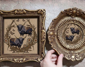 Highlands Cow Painting Folk Art Wall Art Two Bulls Maximalist Small Framed Painting Canvas Ornate Aceo Design by VanyaS DarkessentialsS
