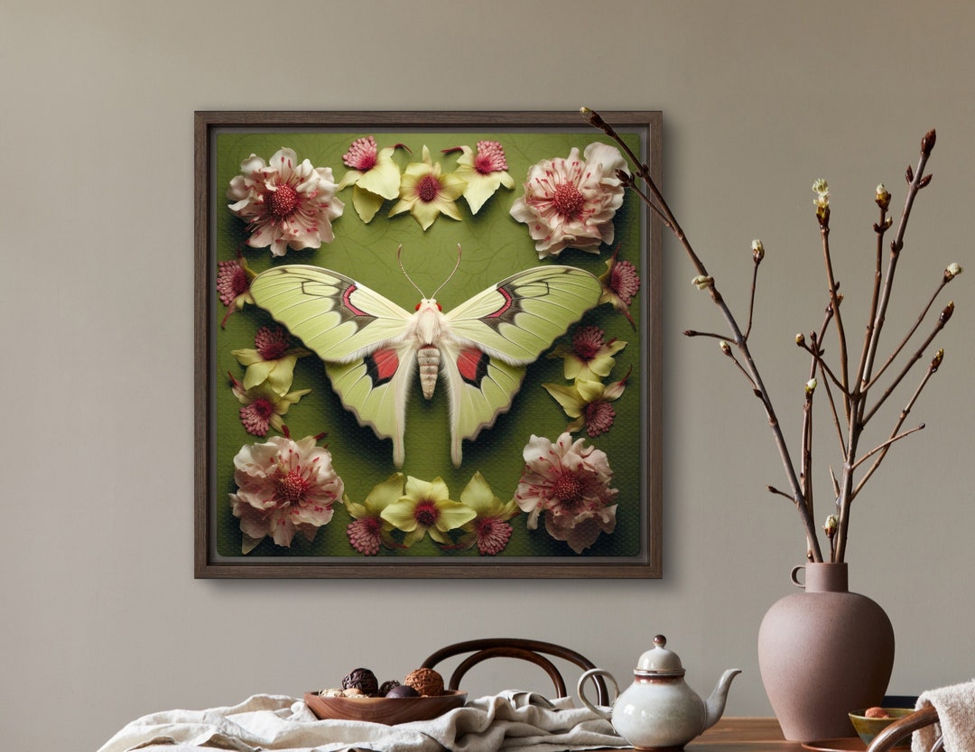 Luna Moth Art Print Butterfly With Flowers Maximalist Actias Botanical ...